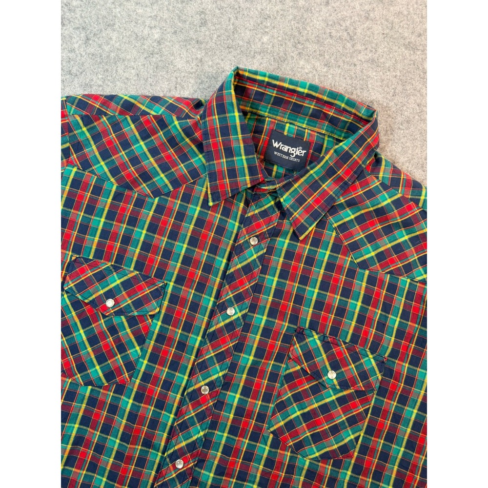 Wrangler Vintage Western Shirt Mens XL Pearl Snap Plaid Long Sleeve Multi-Color